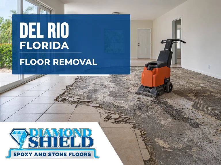 Floor removal company machine lifting tile from a slab in Del Rio, FL
