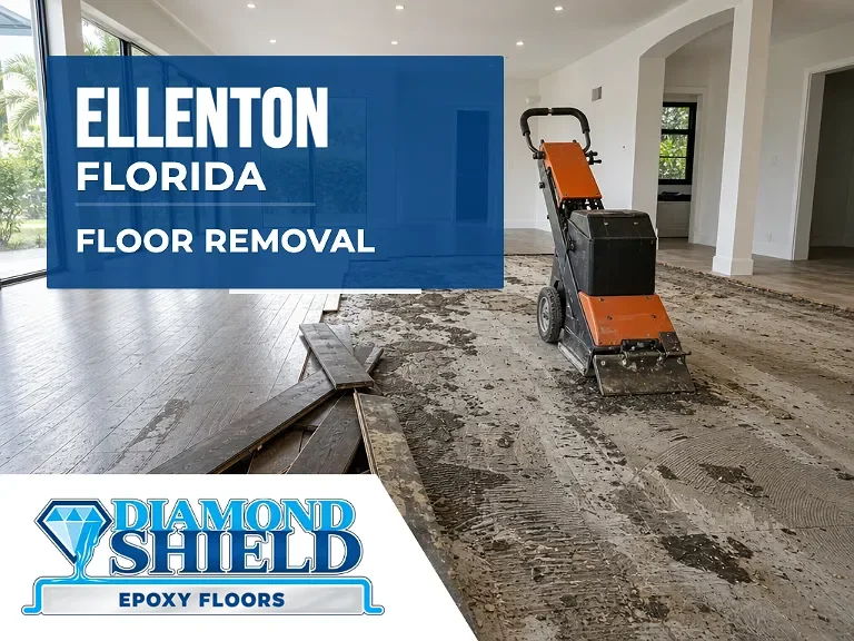 Floor removal company machine lifting tile from a slab in Ellenton, FL