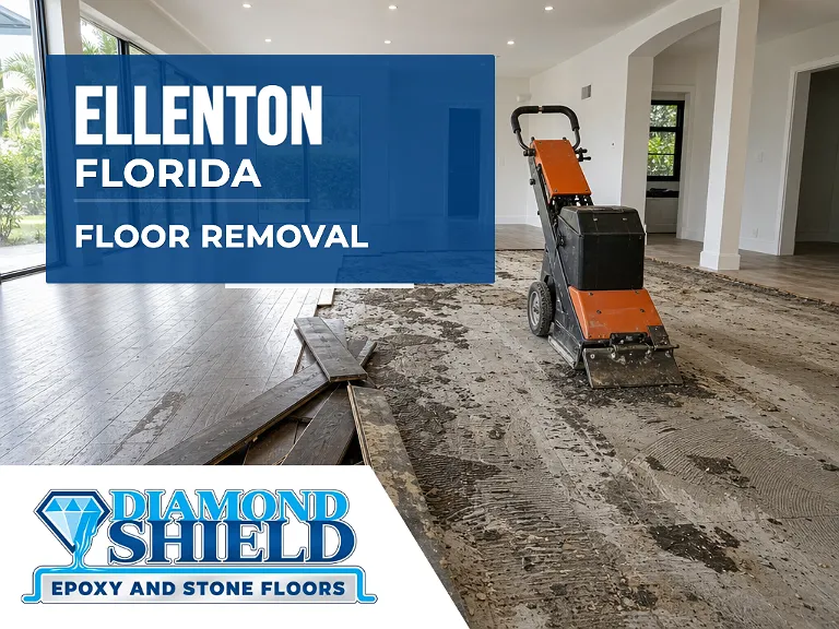 Floor removal company machine lifting tile from a slab in Ellenton, FL