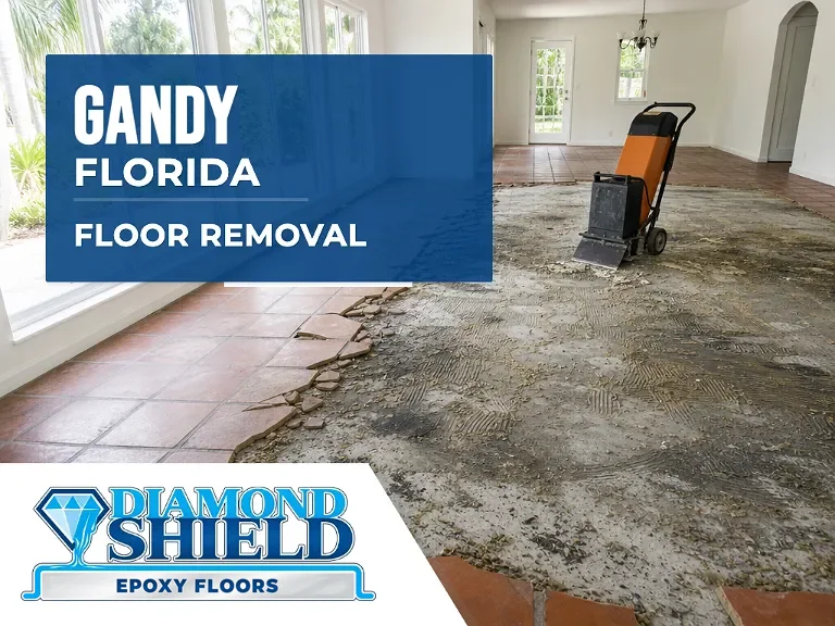 Floor removal company machine lifting tile from a slab in Gandy, FL