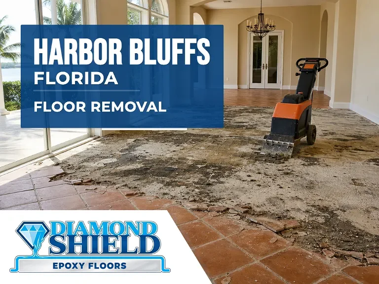 Floor removal company machine lifting tile from a slab in Harbor Bluffs, FL