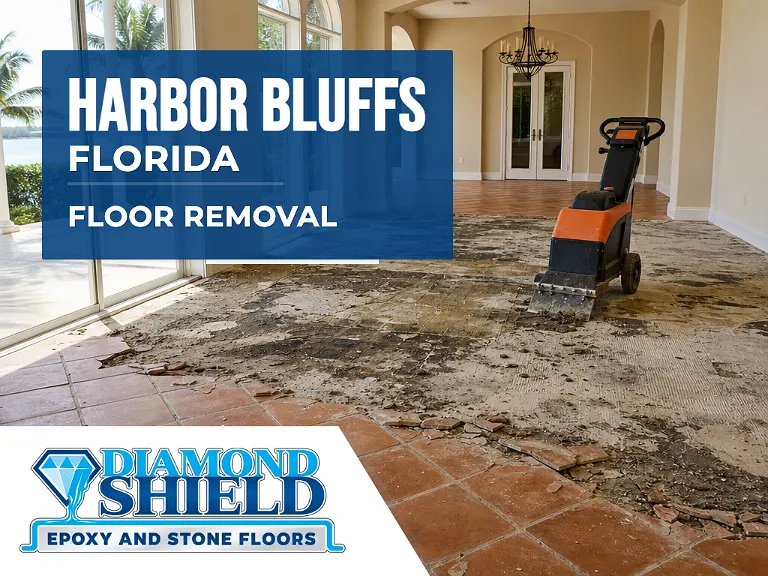 Floor removal company machine lifting tile from a slab in Harbor Bluffs, FL