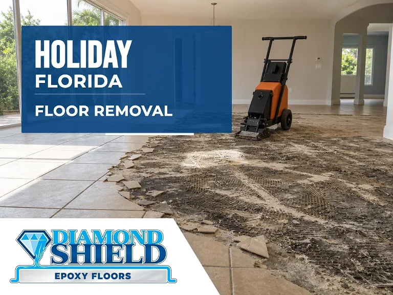Floor removal company machine lifting tile from a slab in Holiday, FL