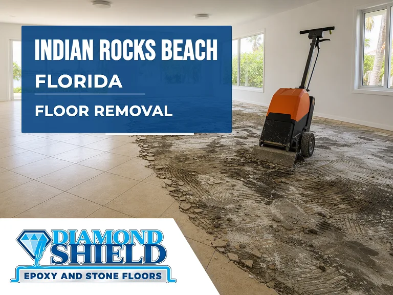 Floor removal company machine lifting tile from a slab in Indian Rocks Beach, FL