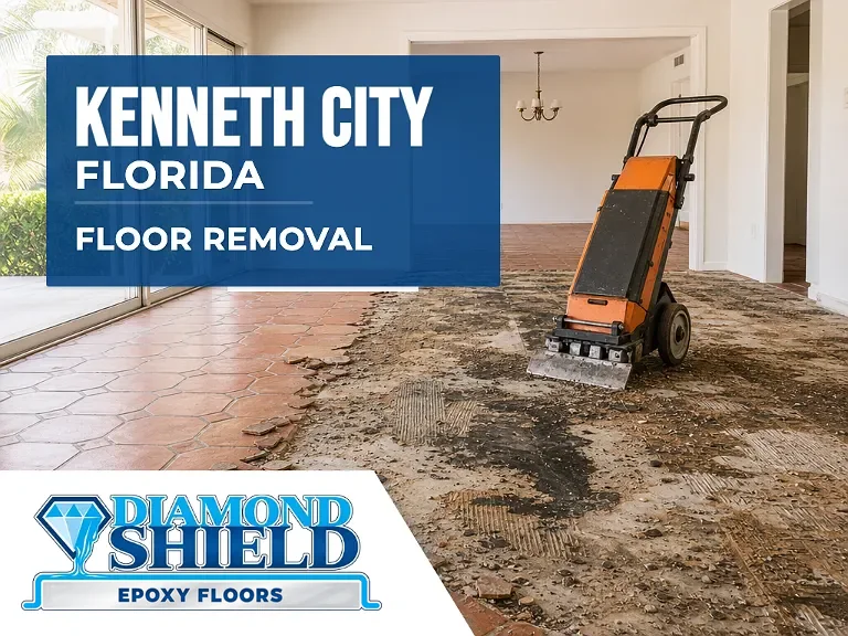 Floor removal company machine lifting tile from a slab in Kenneth City, FL