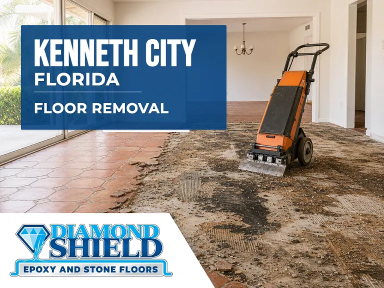 Floor removal company machine lifting tile from a slab in Kenneth City, FL