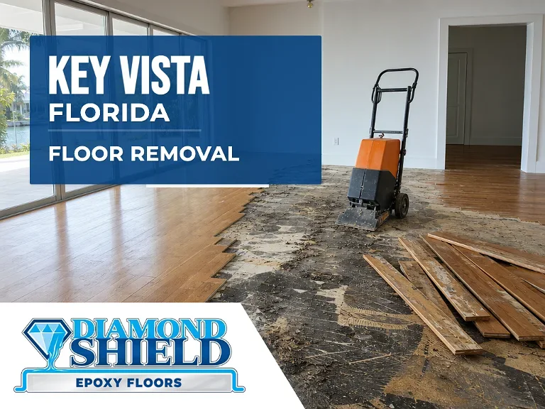 Floor removal company machine lifting tile from a slab in Key Vista, FL
