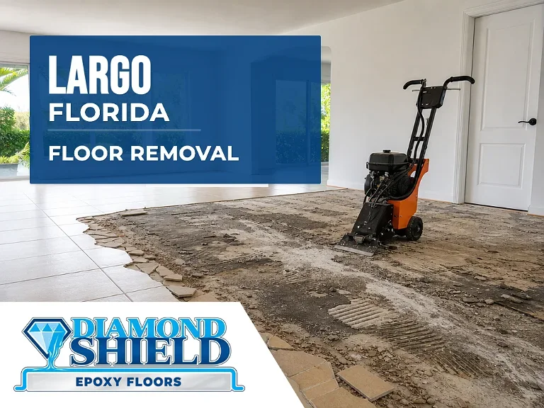 Floor removal company machine lifting tile from a slab in Largo, FL