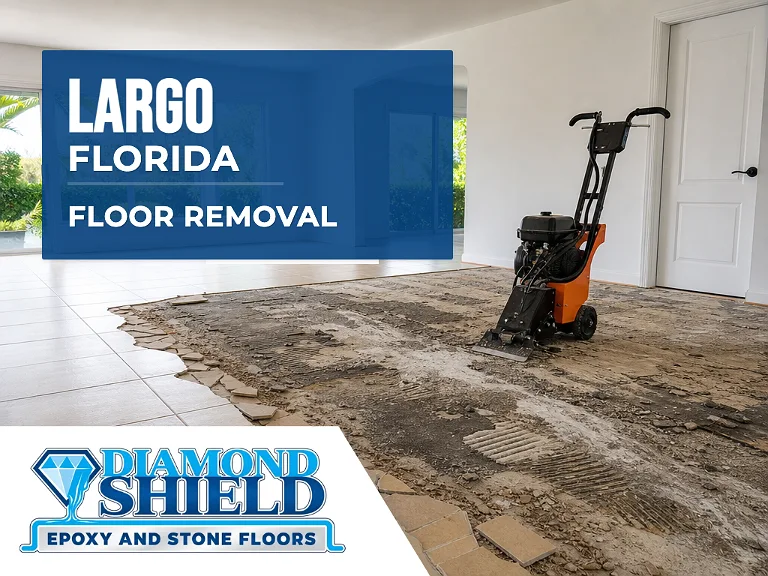 Floor removal company machine lifting tile from a slab in Largo, FL