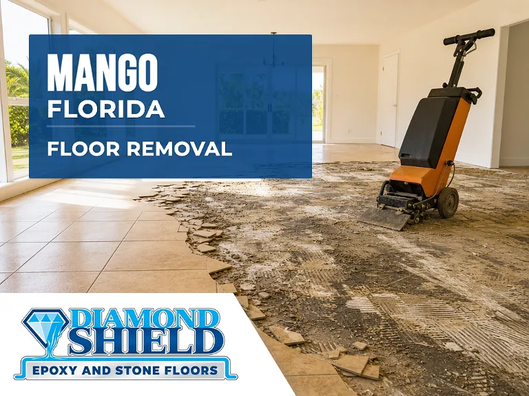 Floor removal company machine lifting tile from a slab in Mango, FL