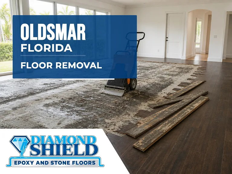 Floor removal company machine lifting tile from a slab in Oldsmar, FL
