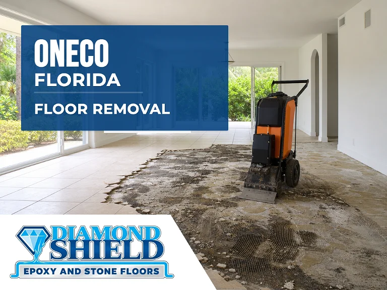 Floor removal company machine lifting tile from a slab in Oneco, FL