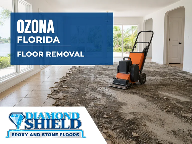 Floor removal company machine lifting tile from a slab in Ozona, FL
