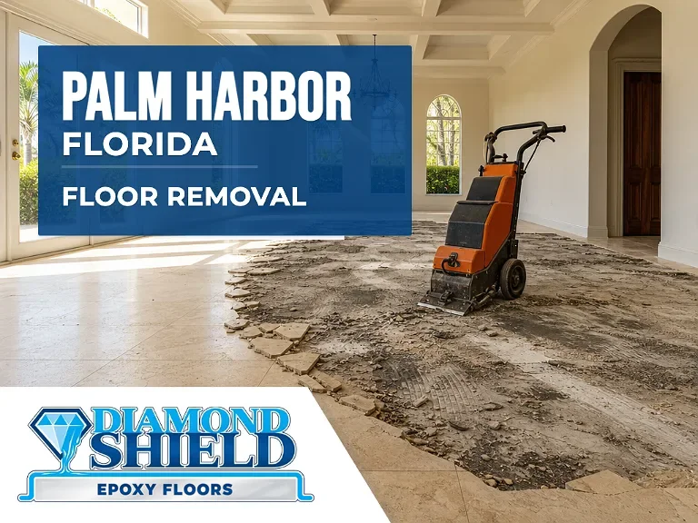 Floor removal company machine lifting tile from a slab in Palm Harbor, FL