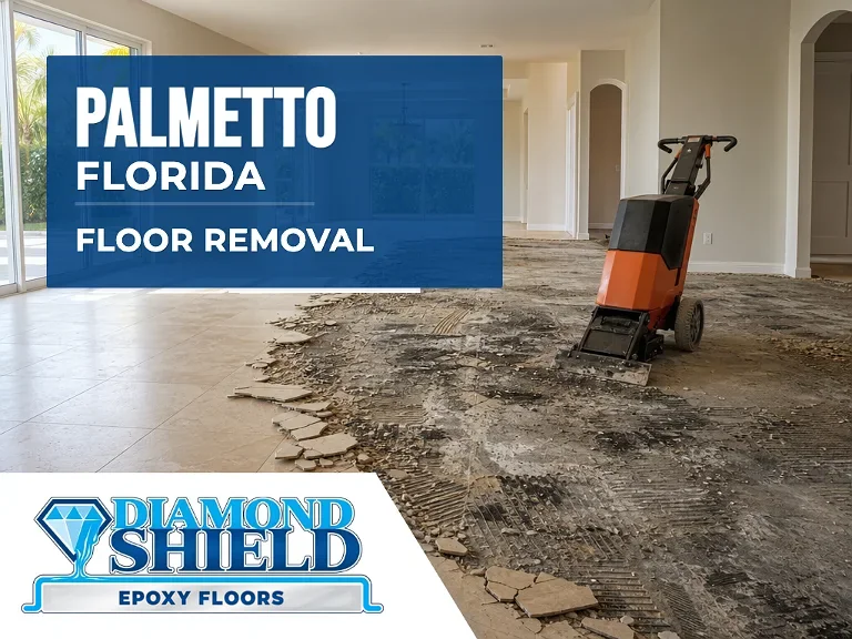 Floor removal company machine lifting tile from a slab in Palmetto, FL