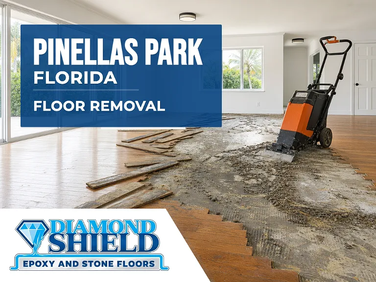 Floor removal company machine lifting tile from a slab in Pinellas Park, FL
