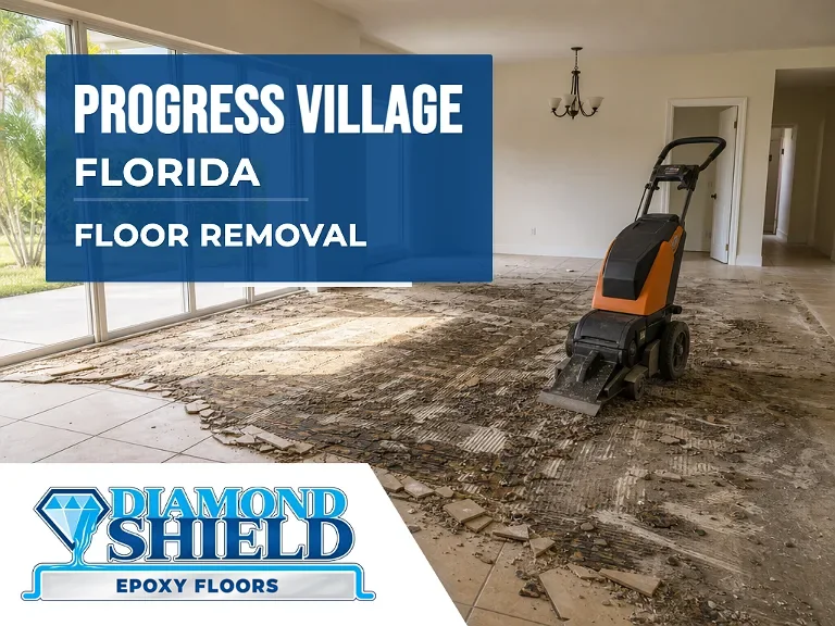 Floor removal company machine lifting tile from a slab in Progress Village, FL