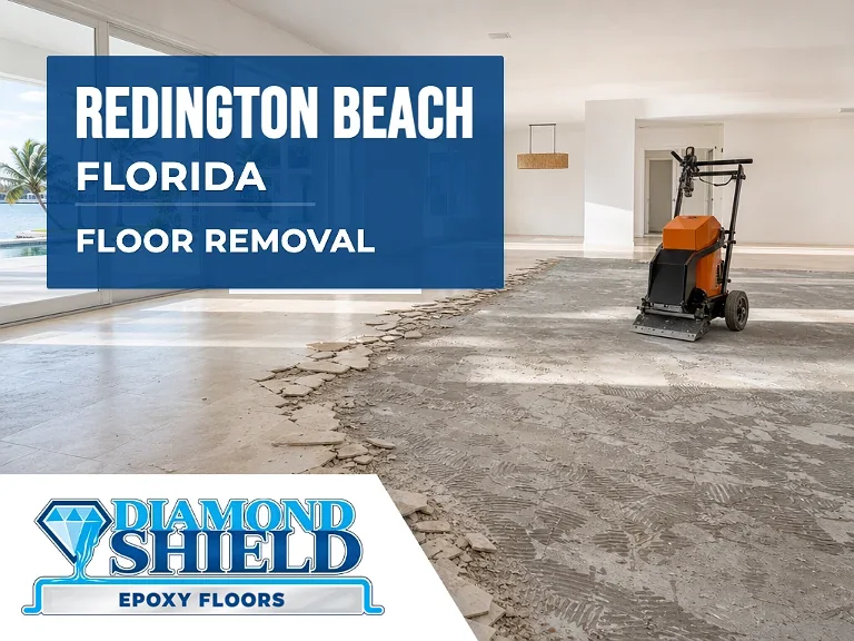 Floor removal company machine lifting tile from a slab in Redington Beach, FL