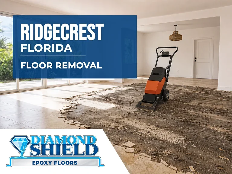 Floor removal company machine lifting tile from a slab in Ridgecrest, FL