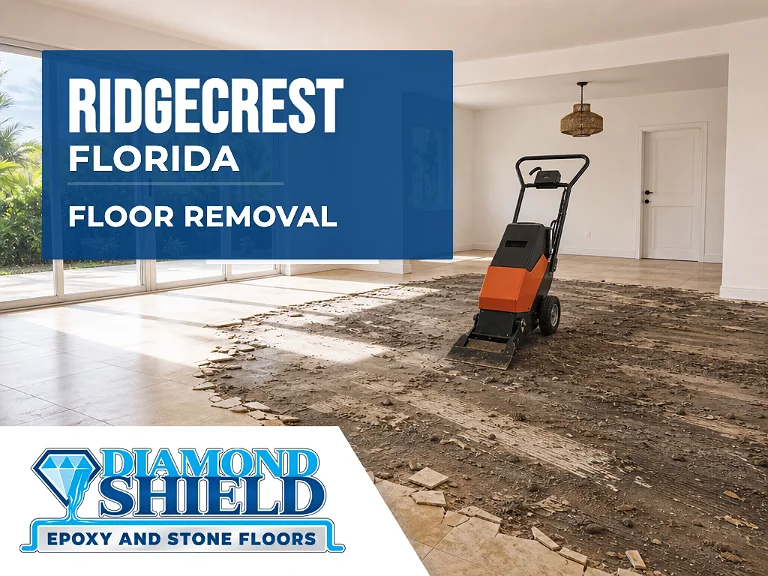 Floor removal company machine lifting tile from a slab in Ridgecrest, FL