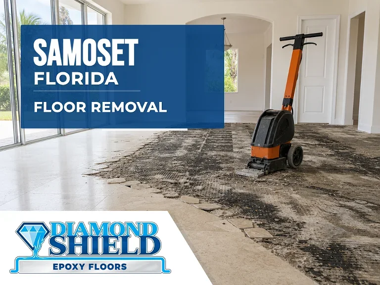 Floor removal company machine lifting tile from a slab in Samoset, FL