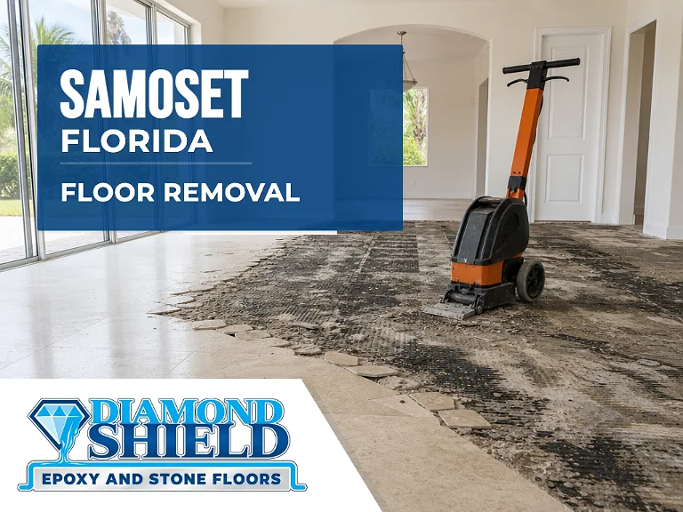 Floor removal company machine lifting tile from a slab in Samoset, FL