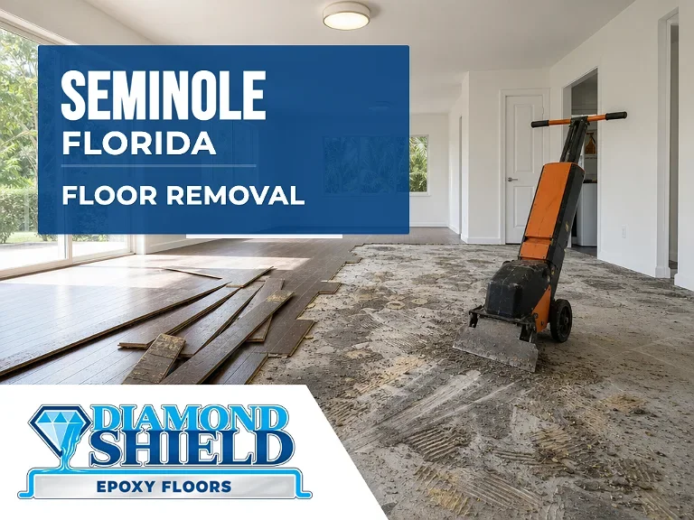 Floor removal company machine lifting tile from a slab in Seminole, FL