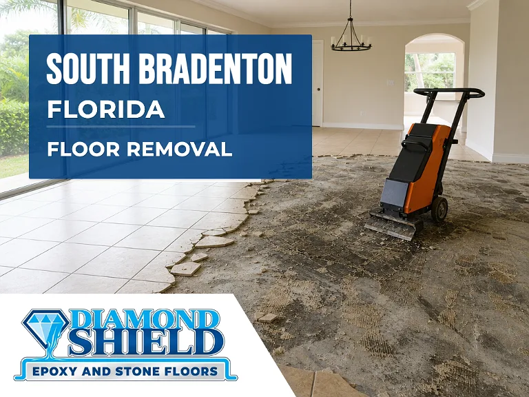 Floor removal company machine lifting tile from a slab in South Bradenton, FL