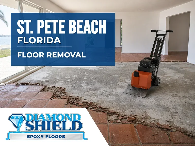 Floor removal company machine lifting tile from a slab in St. Pete Beach, FL