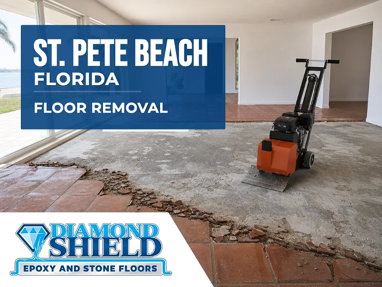 Floor removal company machine lifting tile from a slab in St. Pete Beach, FL