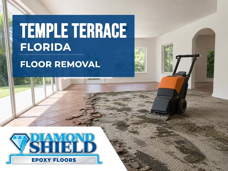 Floor removal company machine lifting tile from a slab in Temple Terrace, FL
