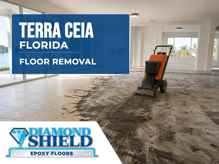 Floor removal company machine lifting tile from a slab in Terra Ceia, FL