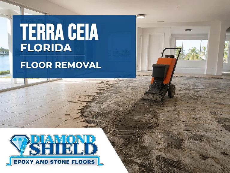 Floor removal company machine lifting tile from a slab in Terra Ceia, FL
