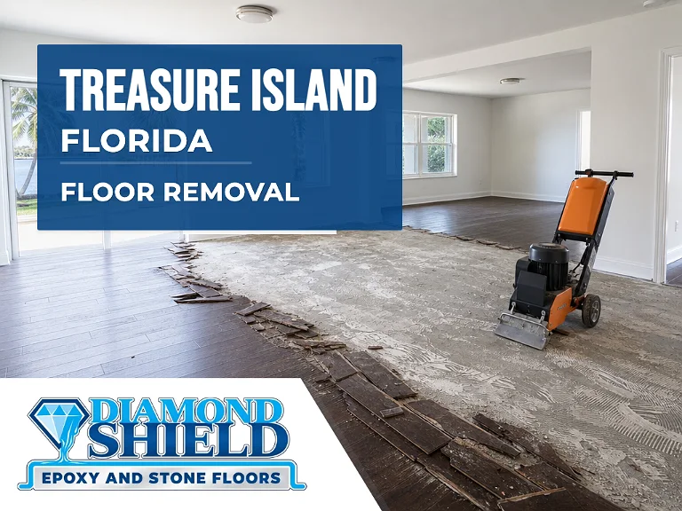 Floor removal company machine lifting tile from a slab in Treasure Island, FL