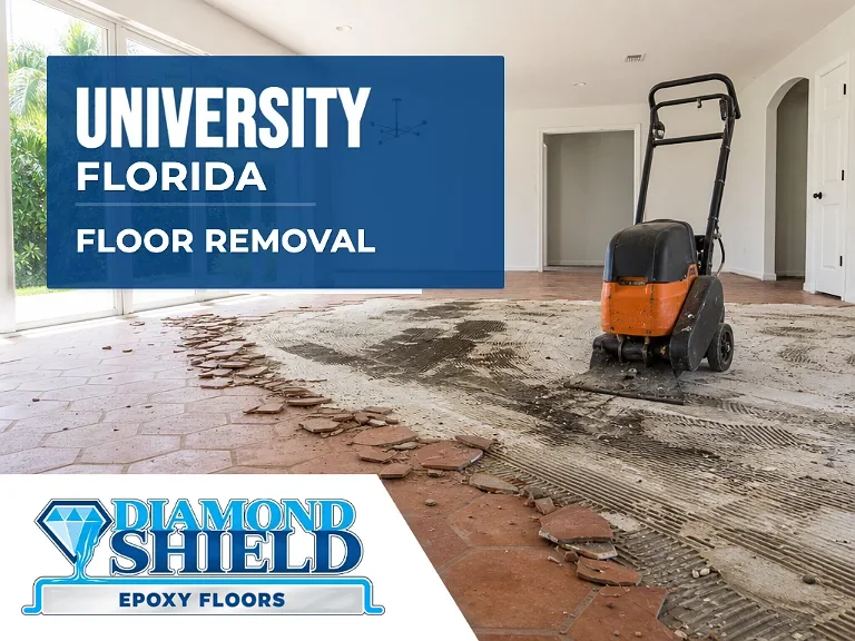 Floor removal company machine lifting tile from a slab in University, FL