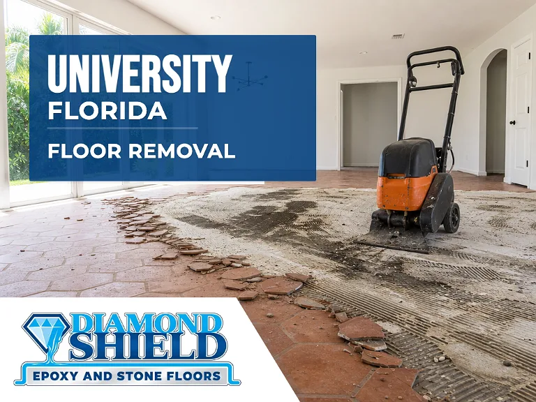 Floor removal company machine lifting tile from a slab in University, FL