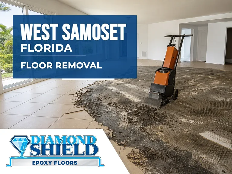 Floor removal company machine lifting tile from a slab in West Samoset, FL
