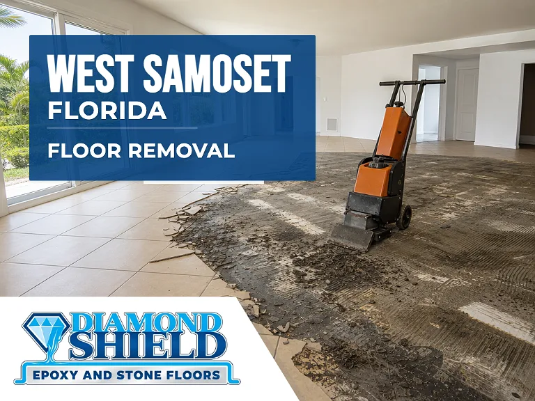 Floor removal company machine lifting tile from a slab in West Samoset, FL