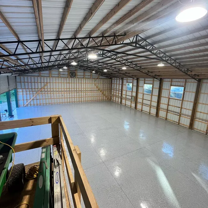 Commercial flake epoxy flooring across a Tampa, FL warehouse floor