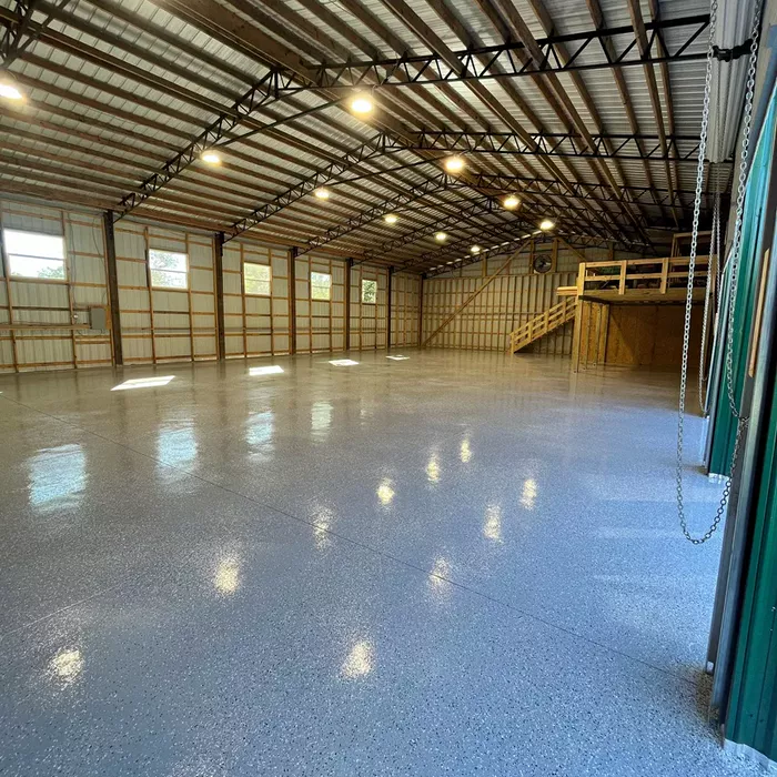 Flake epoxy flooring across a large Tampa, FL workshop