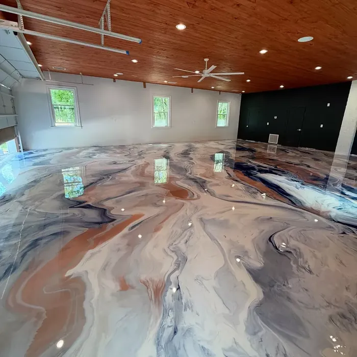 Copper metallic epoxy flooring in a Tampa, FL interior