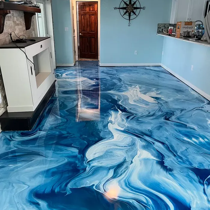 Navy and white metallic epoxy flooring in a Tampa, FL home