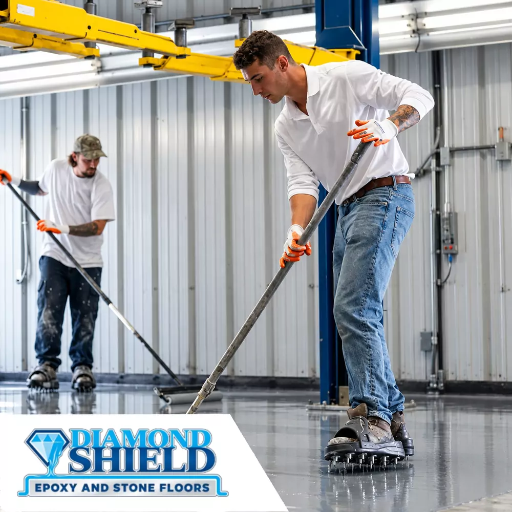 DiamondShield crew installing a garage floor coating in Tampa, FL