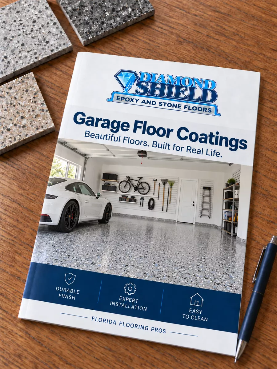 DiamondShield garage floor coating brochure and finish samples