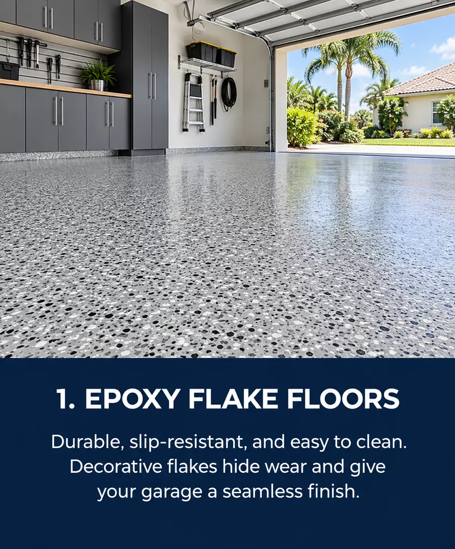 Full-flake epoxy garage floor option for a Tampa, FL home
