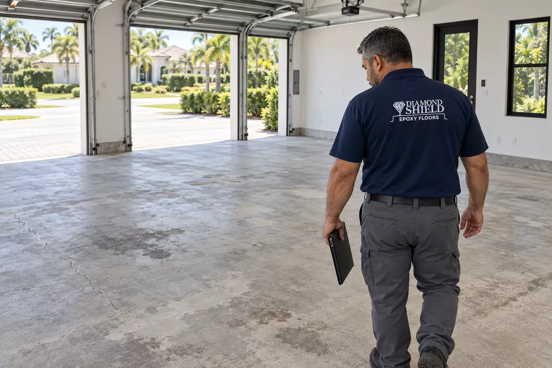 DiamondShield technician inspecting a bare garage floor in Tampa, FL