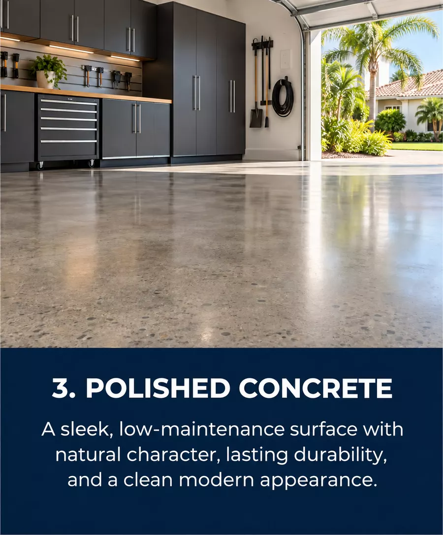 Polished concrete garage flooring option for a Tampa, FL home