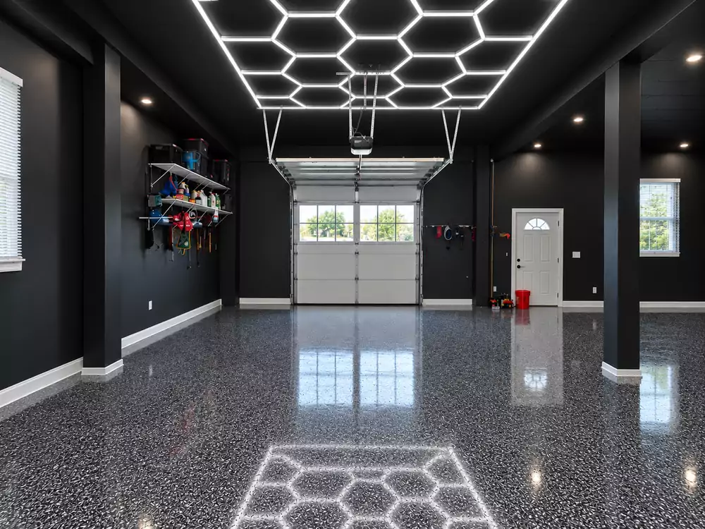 Completed black and silver flake garage floor coating in Tampa, FL