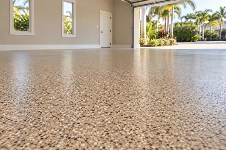 Tan full-flake garage floor coating with the door open at a Tampa, FL home