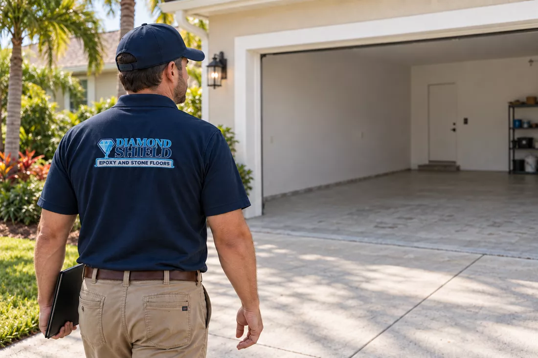 DiamondShield garage floor assessment for the Rubonia, FL epoxy flooring service page.